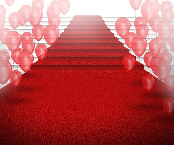 Staircase with red carpet with balloons — Stock Photo, Image