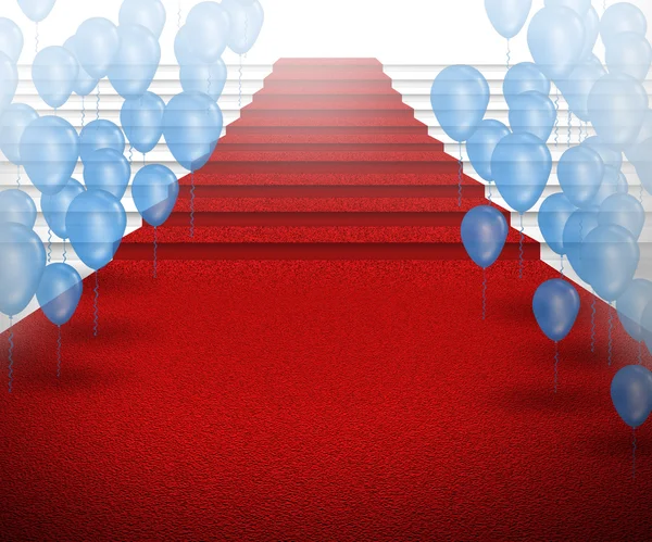 Staircase with red carpet with balloons — Stock Photo, Image