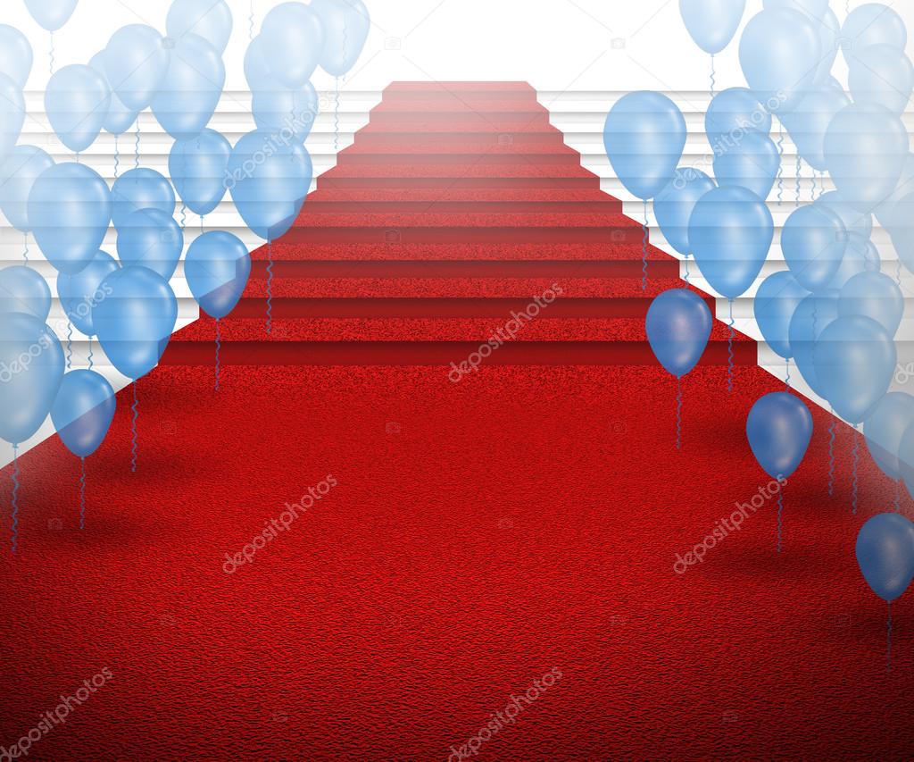 Staircase with red carpet with balloons