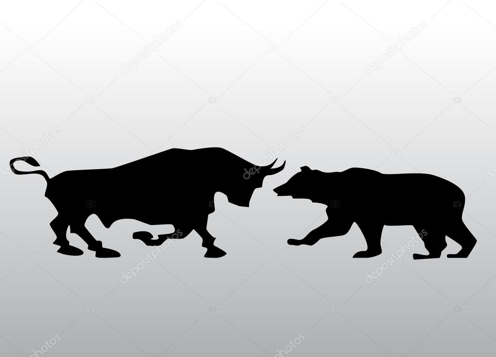 Black silhouette bull and bear financial icons