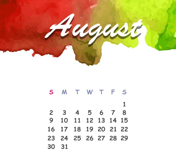 Schöner Aquarell-Kalender. august — Stockvektor