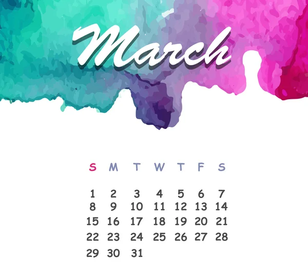 Beautiful watercolor calendar. March — Stock Vector