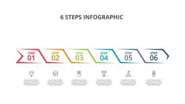 Grafiğin soyut okları, 6 adımlı diyagram, seçenekler, bölümler veya süreçler.