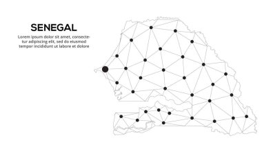Senegal iletişim ağı haritası. Şehir biçiminde ışıkları olan küresel bir haritanın düşük poli görüntüsünü yönlendir.
