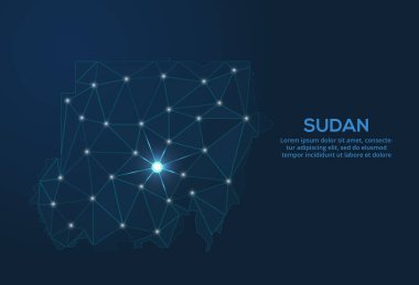 Sudan iletişim ağı haritası. Şehir biçiminde ışıkları olan küresel bir haritanın düşük poli görüntüsünü yönlendir.