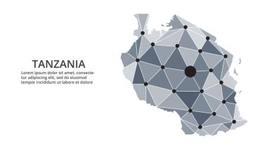 Tanzanya iletişim ağı haritası. Şehir ışıklarıyla düşük polyester küresel haritanın vektör görüntüsü.