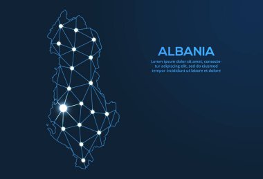 Arnavutluk iletişim ağı haritası. Şehir biçiminde ışıkları olan küresel bir haritanın düşük poli görüntüsünü yönlendir.