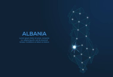 Arnavutluk iletişim ağı haritası. Şehir biçiminde ışıkları olan küresel bir haritanın düşük poli görüntüsünü yönlendir.