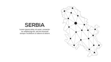 Sırbistan iletişim ağı haritası. Şehir ışıklarıyla düşük polyester küresel haritanın vektör görüntüsü.