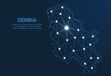 Sırbistan iletişim ağı haritası. Şehir biçiminde ışıkları olan küresel bir haritanın düşük poli görüntüsünü yönlendir.