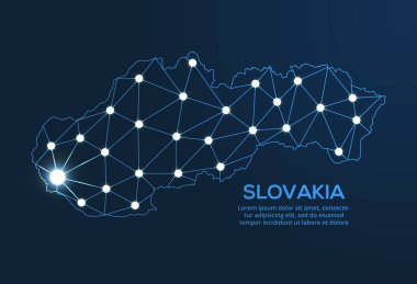 Slovakya iletişim ağı haritası. Şehir biçiminde ışıkları olan küresel bir haritanın düşük poli görüntüsünü yönlendir.