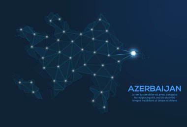 Azerbaycan iletişim ağı haritası. Şehir biçiminde ışıkları olan küresel bir haritanın düşük poli görüntüsünü yönlendir.