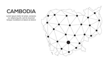 Kamboçya iletişim ağı haritası. Şehir ışıklarıyla düşük polyester küresel haritanın vektör görüntüsü.