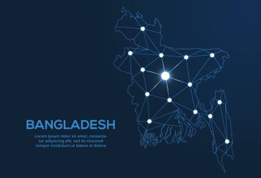 Bangladeş iletişim ağı haritası. Şehir biçiminde ışıkları olan küresel bir haritanın düşük poli görüntüsünü yönlendir.