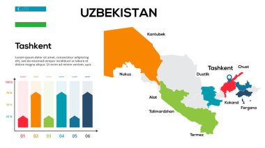 Özbekistan haritası. Özbekistan bölgeleri biçiminde küresel bir haritanın vektör görüntüsü. Ülke bayrağı.