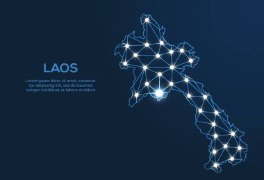 Laos iletişim ağı haritası. Şehir biçiminde ışıkları olan küresel bir haritanın düşük poli görüntüsünü yönlendir.