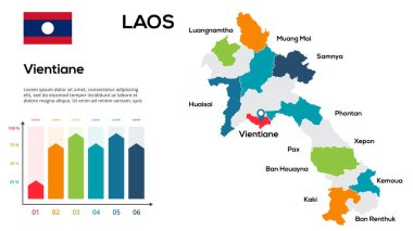 Laos haritası. Laos bölgeleri şeklinde küresel bir haritanın vektör görüntüsü. Ülke bayrağı.