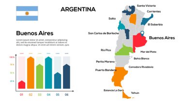 Argentina map. Image of a global map in the form of regions of Argentina regions. Country flag. Infographic timeline.