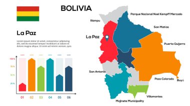 Bolivia map. Image of a global map in the form of regions of Bolivia regions. Country flag. Infographic timeline.