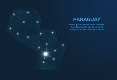 Paraguay iletişim ağı haritası. Şehir biçiminde ışıkları olan küresel bir haritanın düşük poli görüntüsünü yönlendir.