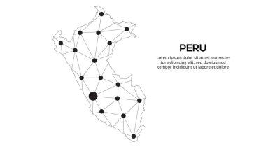 Peru iletişim ağı haritası. Şehir ışıklarıyla düşük polyester küresel haritanın vektör görüntüsü.