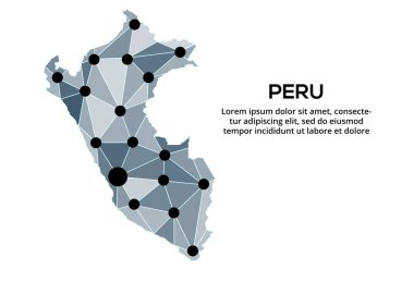 Peru iletişim ağı haritası. Şehir ışıklarıyla düşük polyester küresel haritanın vektör görüntüsü.