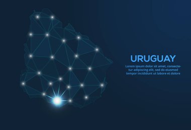 Uruguay iletişim ağı haritası. Şehir biçiminde ışıkları olan küresel bir haritanın düşük poli görüntüsünü yönlendir.