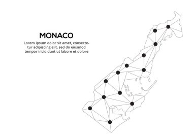 Monako iletişim ağı haritası. Şehir ışıklarıyla düşük polyester küresel haritanın vektör görüntüsü.