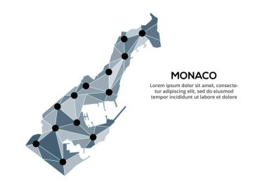 Monako iletişim ağı haritası. Şehir ışıklarıyla düşük polyester küresel haritanın vektör görüntüsü.