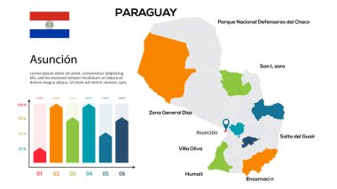 Paraguay haritası. Paraguay bölgeleri biçiminde küresel bir haritanın resmi. Ülke bayrağı.