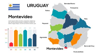 Uruguay haritası. Uruguay bölgeleri şeklinde küresel bir haritanın resmi. Ülke bayrağı