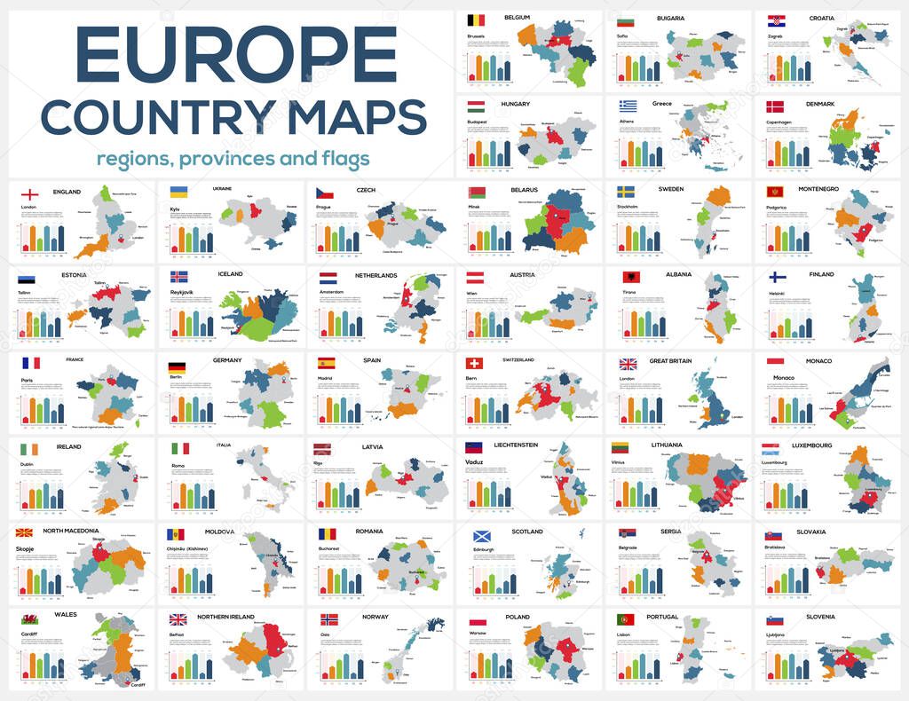 Set of maps of the countries of Europe. Image of global maps in the form of regions regions of Europe countries. Flags of countries. Timeline infographic.