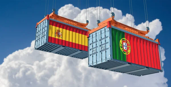 Recipientes Carga Com Bandeiras Nacionais Espanha Portugal Renderização — Fotografia de Stock