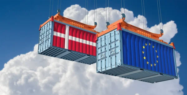 Frachtcontainer Mit Flagge Der Europäischen Union Und Dänemarks Rendering — Stockfoto