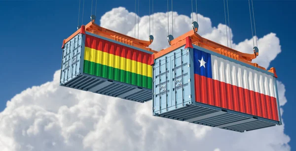 Recipientes Carga Com Bandeiras Nacionais Chile Bolívia Renderização — Fotografia de Stock