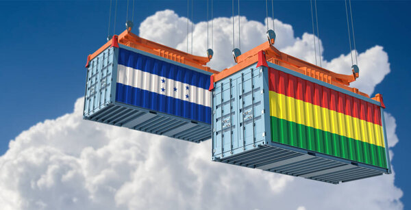 Freight containers with Honduras and Bolivia national flags. 3D Rendering 