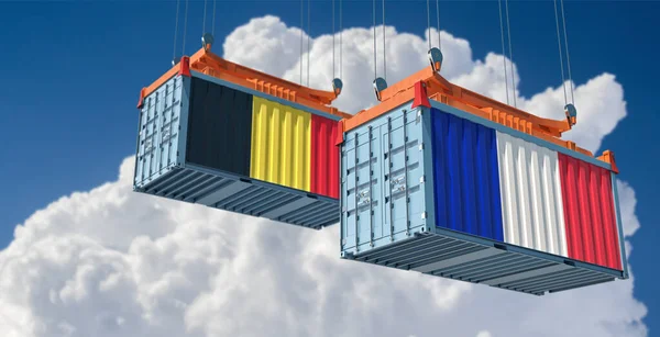 Freight containers with France and Belgium national flags. 3D Rendering