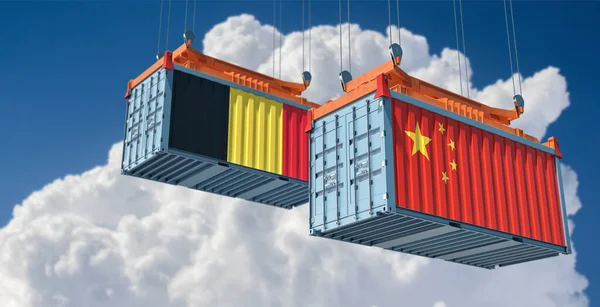 Freight Containers China Belgium National Flags Rendering — Stock Photo, Image