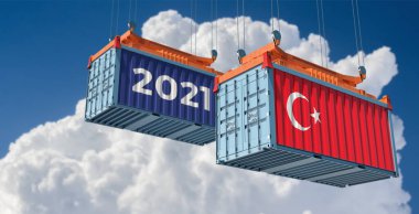Takas 2021. İçinde hindi bayrağı olan nakliye konteynırı. 3B Hazırlama 