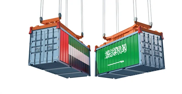 悬挂沙特阿拉伯和阿拉伯联合酋长国国旗的货运集装箱 3D渲染 — 图库照片
