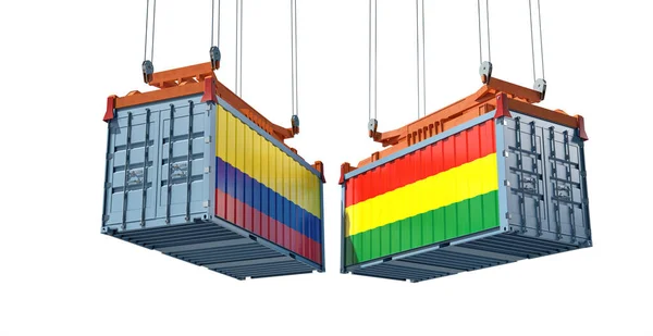 Frachtcontainer Mit Bolivianischen Und Kolumbianischen Nationalflaggen Rendering — Stockfoto