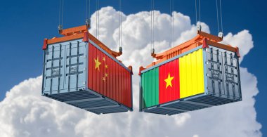İçinde Kamerun ve Çin bayrağı olan konteynırlar. 3B Hazırlama 