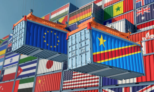 Freight containers with Democratic Republic of the Kongo and European Union flags. 3D Rendering 
