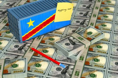 100 dolarlık banknotlarda Demokratik Kongo Cumhuriyeti bayrağı taşıyan oyuncak konteynırı. 3B Hazırlama