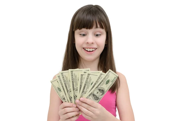 Ragazza in stupore in possesso di denaro su sfondo bianco — Foto Stock