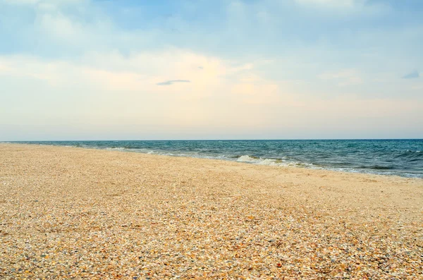 Sea waves washed clean beach made of shells. Landscape on a wild beach. The sea in the summer. — Stock Photo, Image