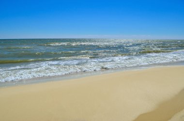 Deniz dalgaları sahili mavi gökyüzüne karşı yıkıyor. Vahşi bir plajda manzara.