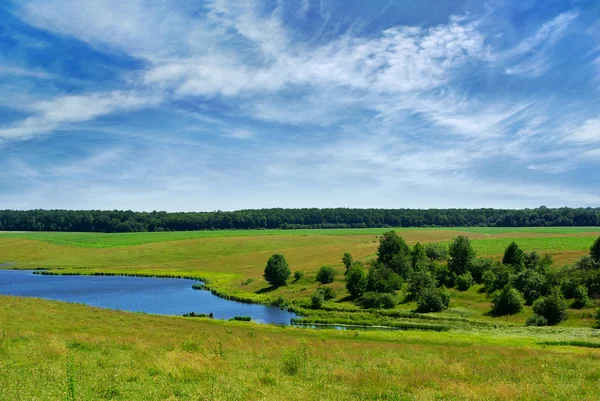 Klar innsjø på jordet mot den blå himmelen – stockfoto