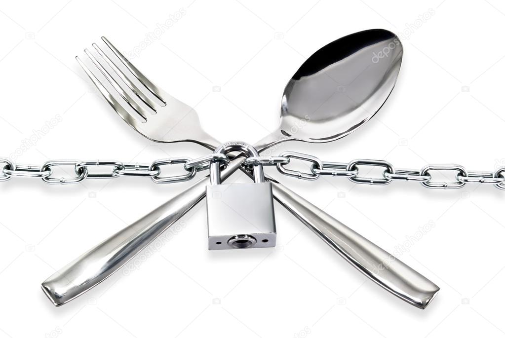 The spoon and fork with a chain and padlock on a white background