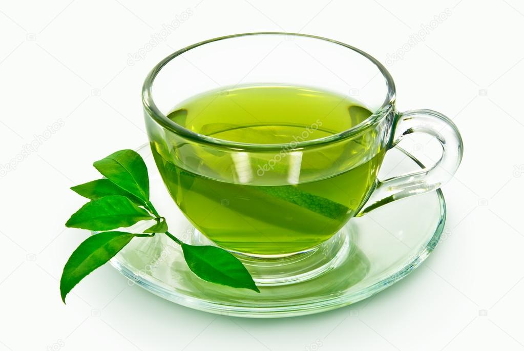Green tea with lemon isolated on white background